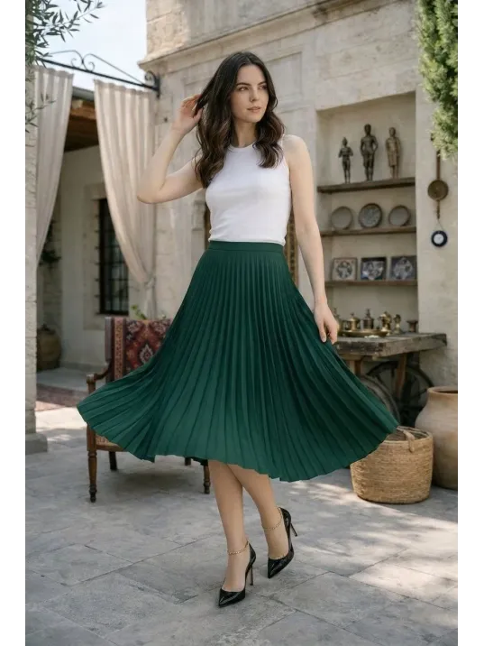 Kadın 90 Cm Saten Kumaş Pliseli Midi Etek Şık Ve Zarif Tasarım - Çağla Yeşili
