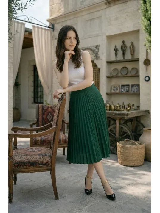 Kadın 90 Cm Saten Kumaş Pliseli Midi Etek Şık Ve Zarif Tasarım - Çağla Yeşili