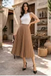 Kadın 90 Cm Saten Kumaş Pliseli Midi Etek Şık Ve Zarif Tasarım - Kahverengi