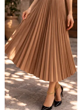 Kadın 90 Cm Saten Kumaş Pliseli Midi Etek Şık Ve Zarif Tasarım - Kahverengi
