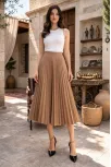 Kadın 90 Cm Saten Kumaş Pliseli Midi Etek Şık Ve Zarif Tasarım - Kahverengi