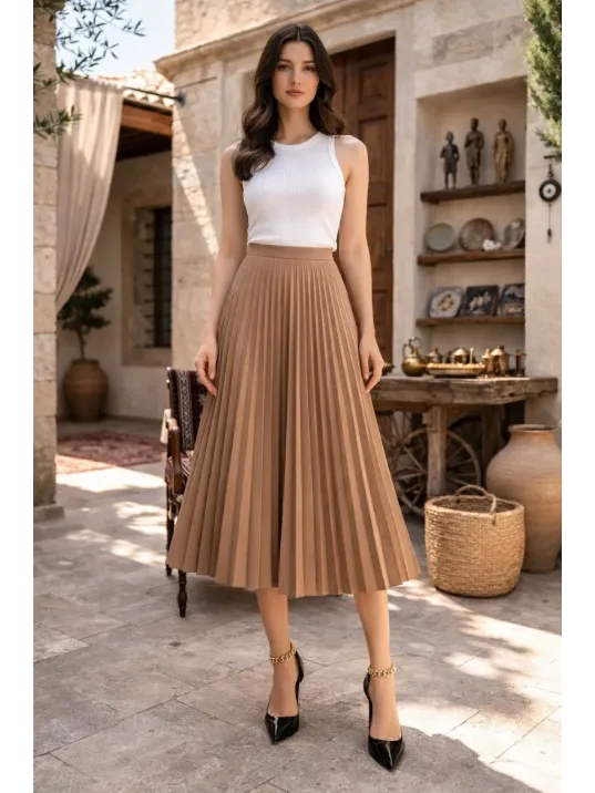 Kadın 90 Cm Saten Kumaş Pliseli Midi Etek Şık Ve Zarif Tasarım - Kahverengi