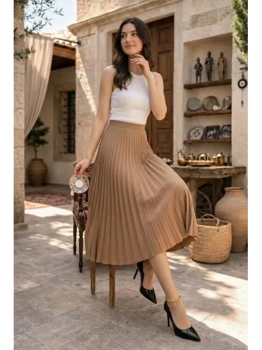Kadın 90 Cm Saten Kumaş Pliseli Midi Etek Şık Ve Zarif Tasarım - Kahverengi