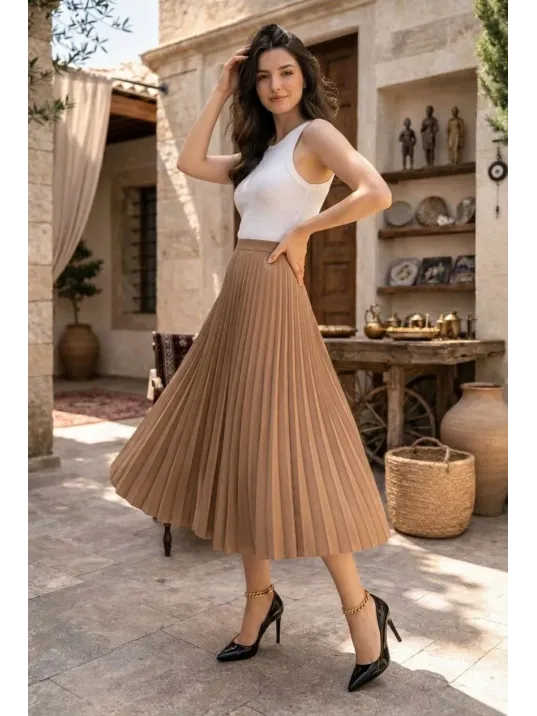 Kadın 90 Cm Saten Kumaş Pliseli Midi Etek Şık Ve Zarif Tasarım - Kahverengi