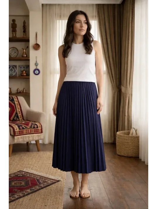 Kadın 90 Cm Saten Kumaş Pliseli Midi Etek Şık Ve Zarif Tasarım - Lacivert Kadın 90 Cm Saten Kumaş Pliseli Midi Etek Şık Ve Zarif Tasarım - Lacivert