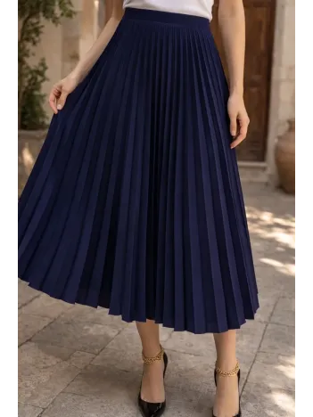 Kadın 90 Cm Saten Kumaş Pliseli Midi Etek Şık Ve Zarif Tasarım - Lacivert