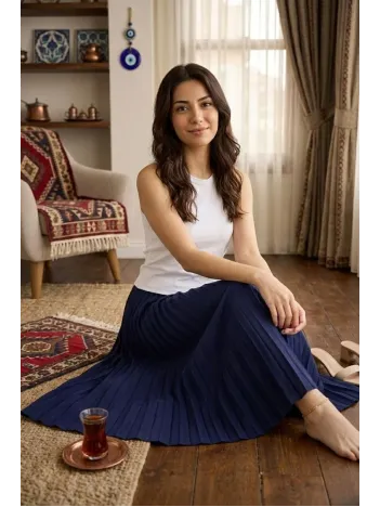 Kadın 90 Cm Saten Kumaş Pliseli Midi Etek Şık Ve Zarif Tasarım - Lacivert