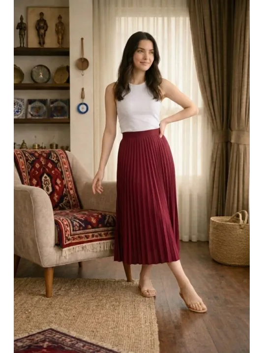 Kadın 90 Cm Saten Kumaş Pliseli Midi Etek Şık Ve Zarif Tasarım - Bordo