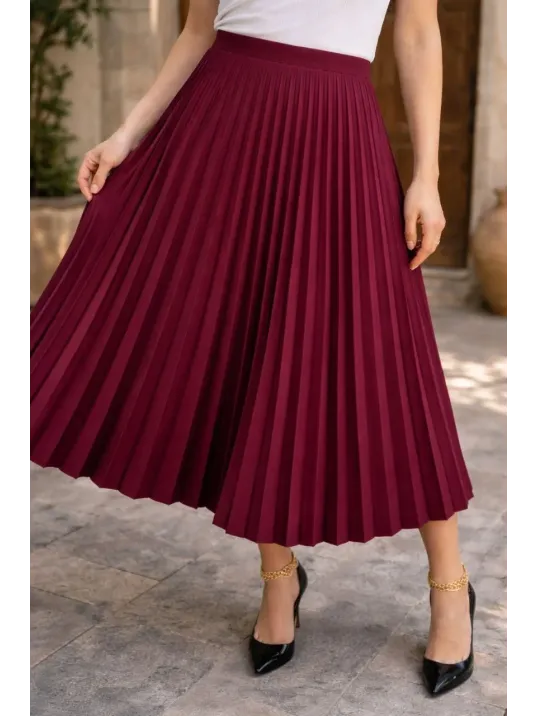 Kadın 90 Cm Saten Kumaş Pliseli Midi Etek Şık Ve Zarif Tasarım - Bordo