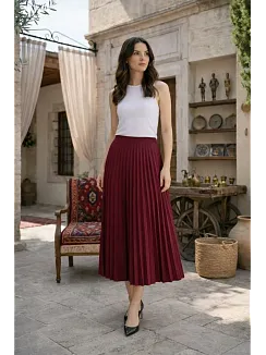 Kadın 90 Cm Saten Kumaş Pliseli Midi Etek Şık Ve Zarif Tasarım - Bordo