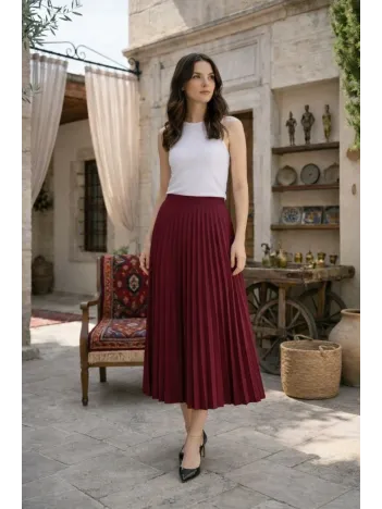 Kadın 90 Cm Saten Kumaş Pliseli Midi Etek Şık Ve Zarif Tasarım - Bordo