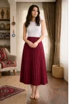 Kadın 90 Cm Saten Kumaş Pliseli Midi Etek Şık Ve Zarif Tasarım - Bordo