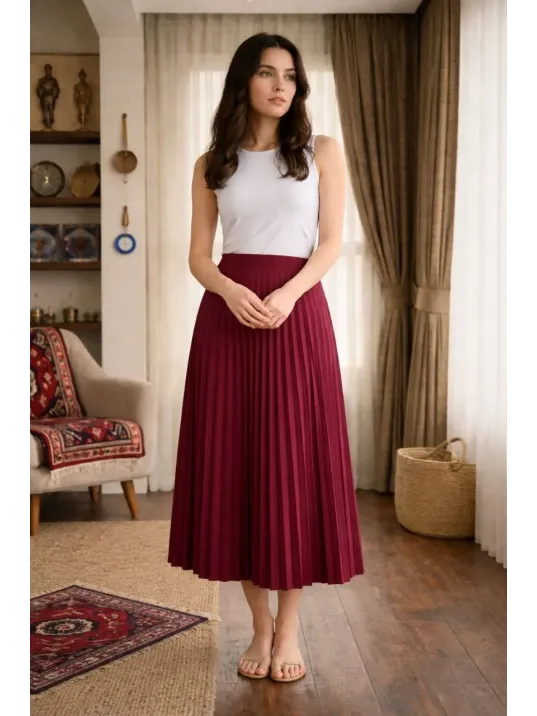 Kadın 90 Cm Saten Kumaş Pliseli Midi Etek Şık Ve Zarif Tasarım - Bordo