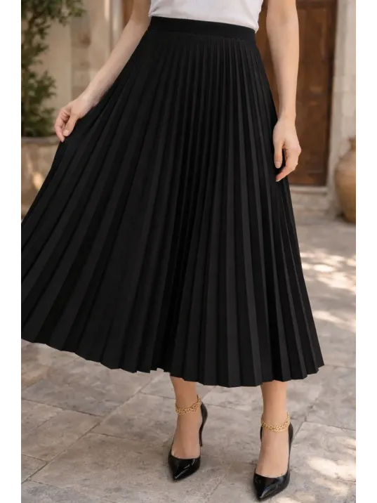 Kadın 90 Cm Saten Kumaş Pliseli Midi Etek Şık Ve Zarif Tasarım - Siyah