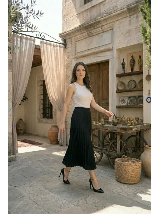 Kadın 90 Cm Saten Kumaş Pliseli Midi Etek Şık Ve Zarif Tasarım - Siyah