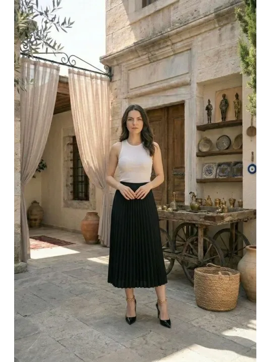 Kadın 90 Cm Saten Kumaş Pliseli Midi Etek Şık Ve Zarif Tasarım - Siyah