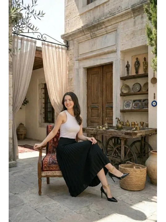 Kadın 90 Cm Saten Kumaş Pliseli Midi Etek Şık Ve Zarif Tasarım - Siyah