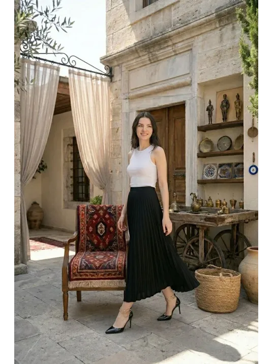 Kadın 90 Cm Saten Kumaş Pliseli Midi Etek Şık Ve Zarif Tasarım - Siyah