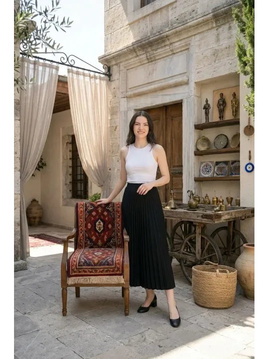 Kadın 90 Cm Saten Kumaş Pliseli Midi Etek Şık Ve Zarif Tasarım - Siyah