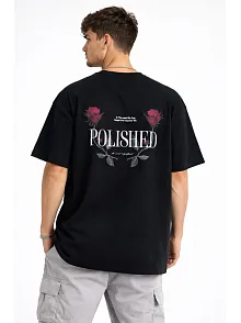 Erkek Bisiklet Yaka Baskılı  Kısa Kollu Tişört Streetwear Günlük Basic Pamuklu T-shirt - Siyah