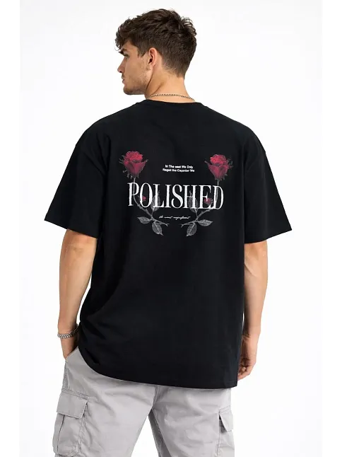 Erkek Bisiklet Yaka Baskılı  Kısa Kollu Tişört Streetwear Günlük Basic Pamuklu T-shirt - Siyah