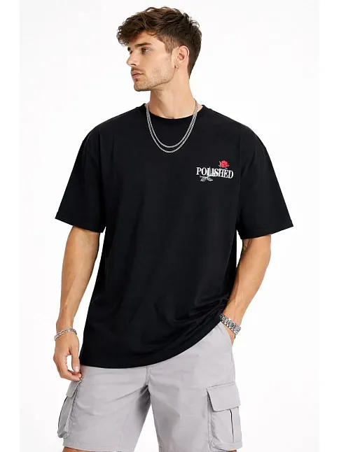 Erkek Bisiklet Yaka Baskılı  Kısa Kollu Tişört Streetwear Günlük Basic Pamuklu T-shirt - Siyah