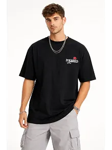 Erkek Bisiklet Yaka Baskılı  Kısa Kollu Tişört Streetwear Günlük Basic Pamuklu T-shirt - Siyah