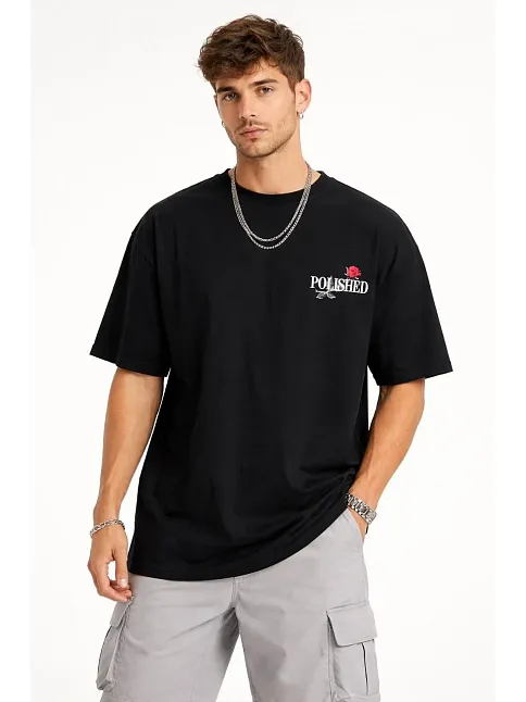 Erkek Bisiklet Yaka Baskılı  Kısa Kollu Tişört Streetwear Günlük Basic Pamuklu T-shirt - Siyah
