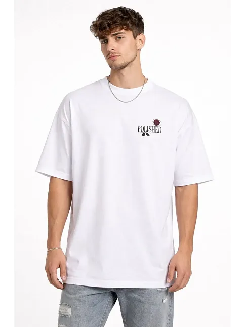 Erkek Bisiklet Yaka Baskılı Kısa Kollu Tişört Streetwear Günlük Basic Pamuklu T-shirt - Beyaz