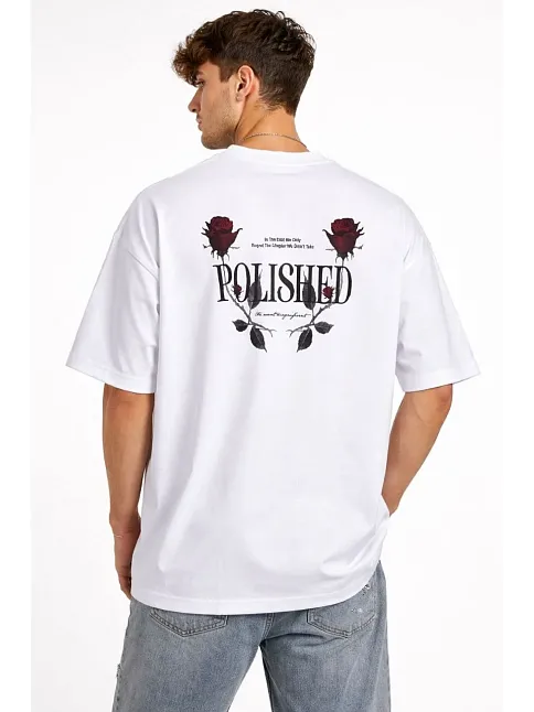 Erkek Bisiklet Yaka Baskılı Kısa Kollu Tişört Streetwear Günlük Basic Pamuklu T-shirt - Beyaz