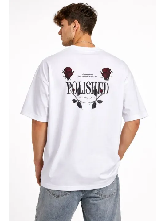 Erkek Bisiklet Yaka Baskılı Kısa Kollu Tişört Streetwear Günlük Basic Pamuklu T-shirt - Beyaz