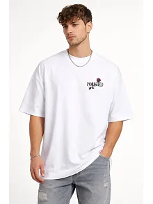 Erkek Bisiklet Yaka Baskılı Kısa Kollu Tişört Streetwear Günlük Basic Pamuklu T-shirt - Beyaz