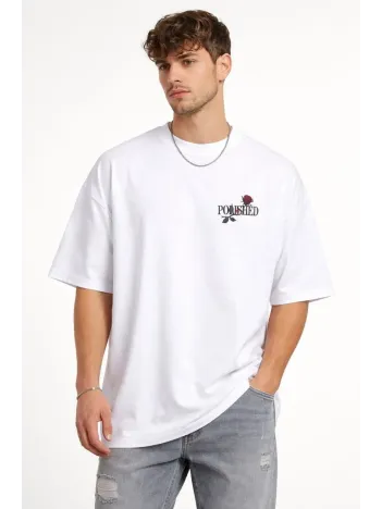 Erkek Bisiklet Yaka Baskılı Kısa Kollu Tişört Streetwear Günlük Basic Pamuklu T-shirt - Beyaz