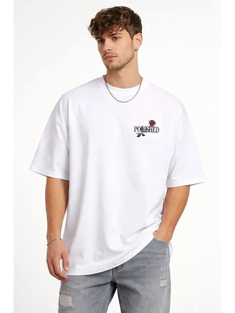 Erkek Bisiklet Yaka Baskılı Kısa Kollu Tişört Streetwear Günlük Basic Pamuklu T-shirt - Beyaz