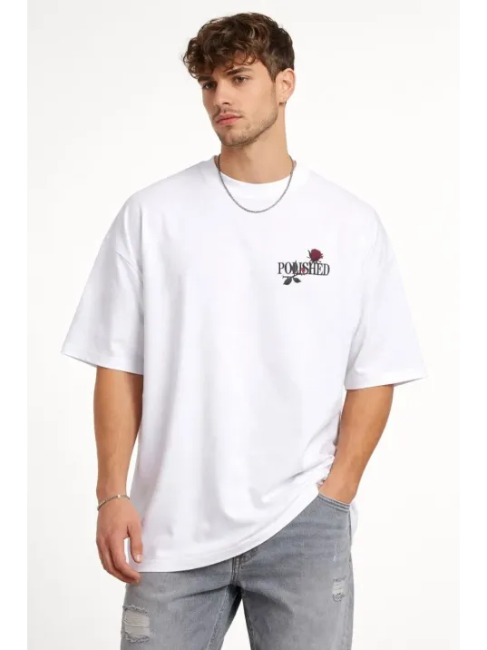 Erkek Bisiklet Yaka Baskılı Kısa Kollu Tişört Streetwear Günlük Basic Pamuklu T-shirt - Beyaz