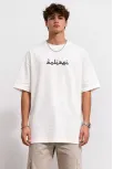 Erkek Bisiklet Yaka Baskılı Kısa Kollu Tişört Streetwear Günlük Basic Pamuklu T-shirt - Beyaz