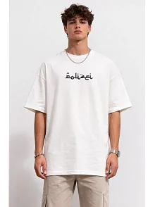 Erkek Bisiklet Yaka Baskılı Kısa Kollu Tişört Streetwear Günlük Basic Pamuklu T-shirt - Beyaz