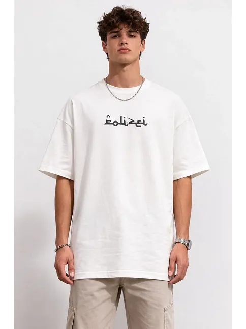 Erkek Bisiklet Yaka Baskılı Kısa Kollu Tişört Streetwear Günlük Basic Pamuklu T-shirt - Beyaz