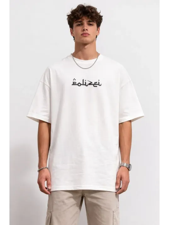 Erkek Bisiklet Yaka Baskılı Kısa Kollu Tişört Streetwear Günlük Basic Pamuklu T-shirt - Beyaz