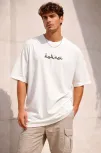 Erkek Bisiklet Yaka Baskılı Kısa Kollu Tişört Streetwear Günlük Basic Pamuklu T-shirt - Beyaz