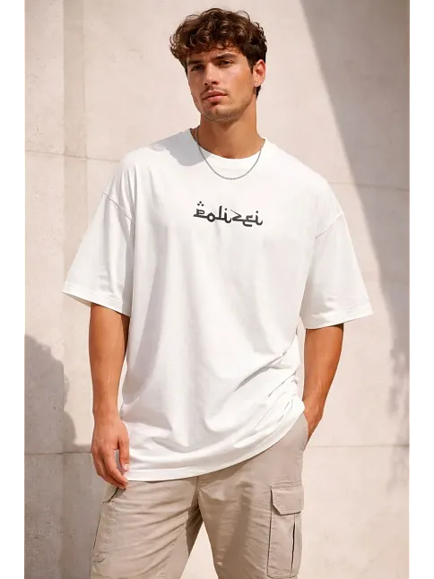 Erkek Bisiklet Yaka Baskılı Kısa Kollu Tişört Streetwear Günlük Basic Pamuklu T-shirt - Beyaz