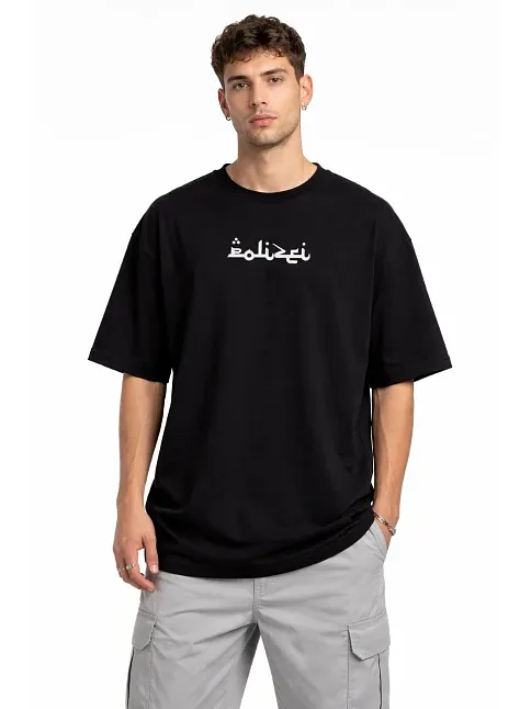 Erkek Bisiklet Yaka Baskılı Kısa Kollu Tişört Streetwear Günlük Basic Pamuklu T-shirt - Siyah