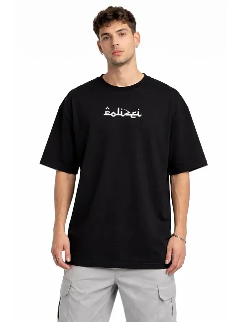 Erkek Bisiklet Yaka Baskılı Kısa Kollu Tişört Streetwear Günlük Basic Pamuklu T-shirt - Siyah