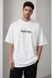 Erkek Bisiklet Yaka Baskılı Kısa Kollu Tişört Streetwear Günlük Basic Pamuklu T-shirt - Beyaz