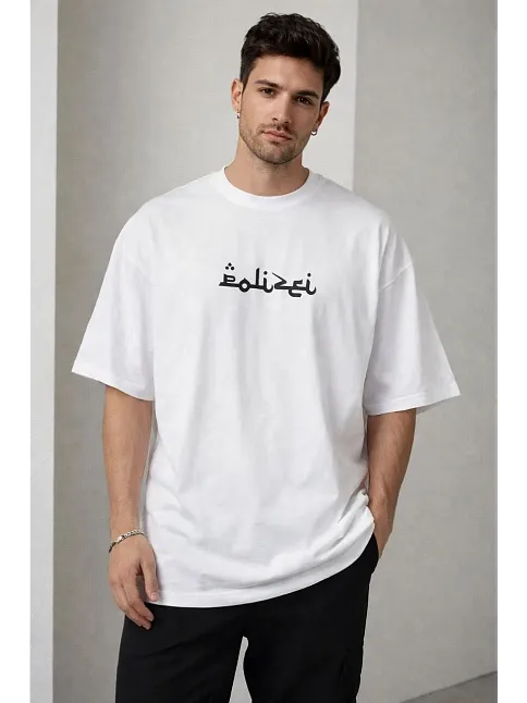 Erkek Bisiklet Yaka Baskılı Kısa Kollu Tişört Streetwear Günlük Basic Pamuklu T-shirt - Beyaz
