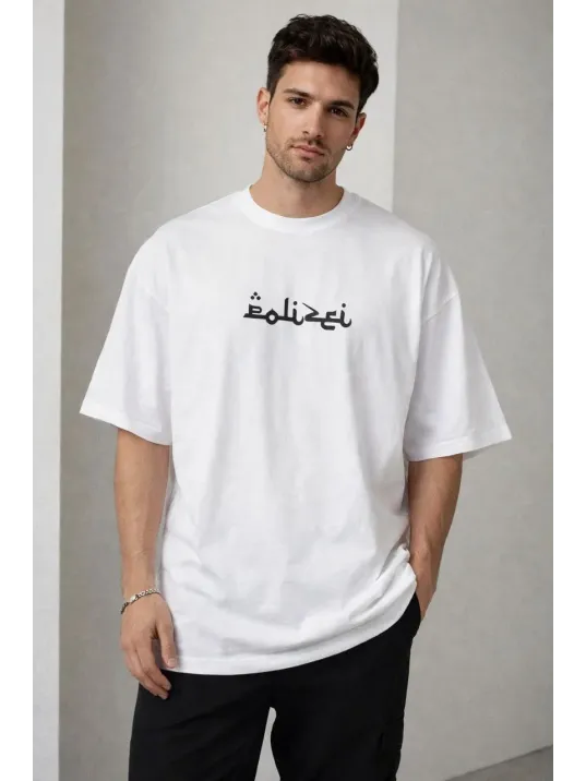 Erkek Bisiklet Yaka Baskılı Kısa Kollu Tişört Streetwear Günlük Basic Pamuklu T-shirt - Beyaz