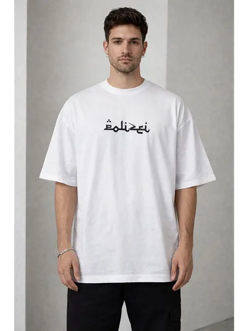 Erkek Bisiklet Yaka Baskılı Kısa Kollu Tişört Streetwear Günlük Basic Pamuklu T-shirt - Beyaz