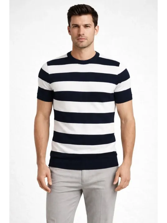 Erkek T-shirt Çizgili Triko Dokuma Bisiklet Yaka Tişört  - Siyah