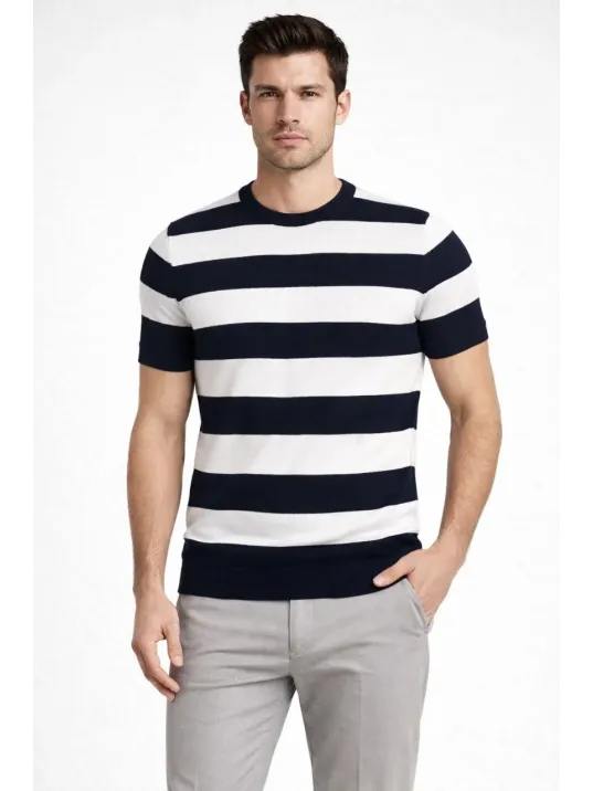 Erkek T-shirt Çizgili Triko Dokuma Bisiklet Yaka Tişört  - Siyah