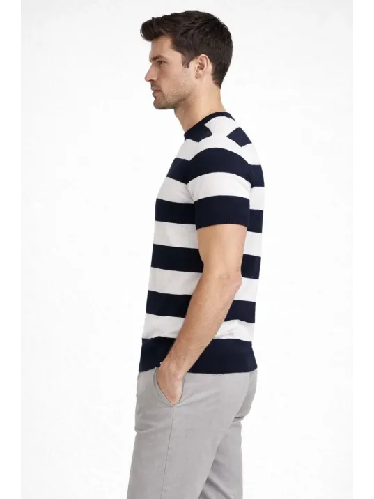 Erkek T-shirt Çizgili Triko Dokuma Bisiklet Yaka Tişört  - Siyah